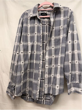 Men's Bugatchi Plaid Casual Button Down Shirt L Blue White